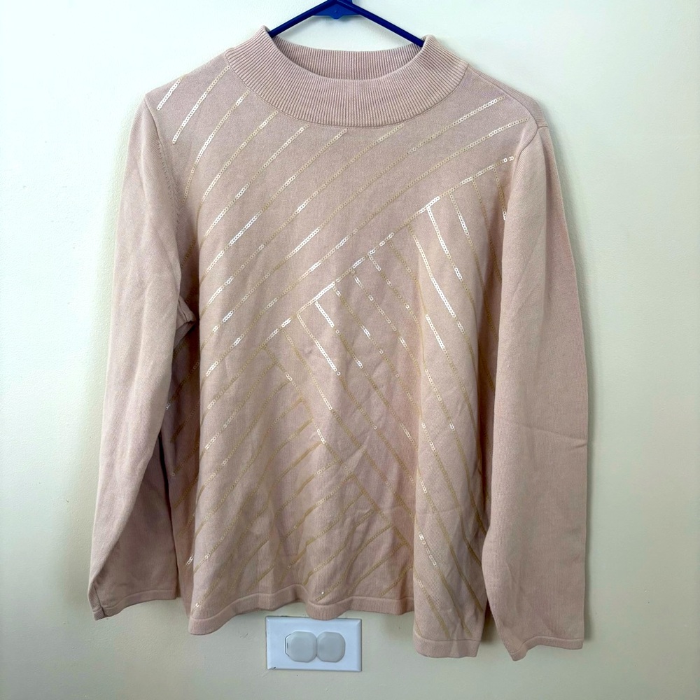 Joan Rivers Sweater Sequin Cream Tan Beige Crew Neck Pullover Size 1X